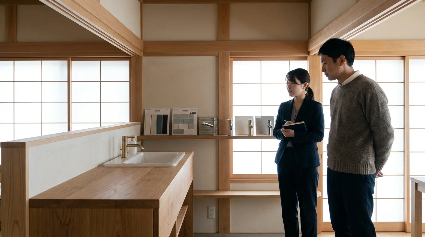 図面を広げて住まいの相談をする手元